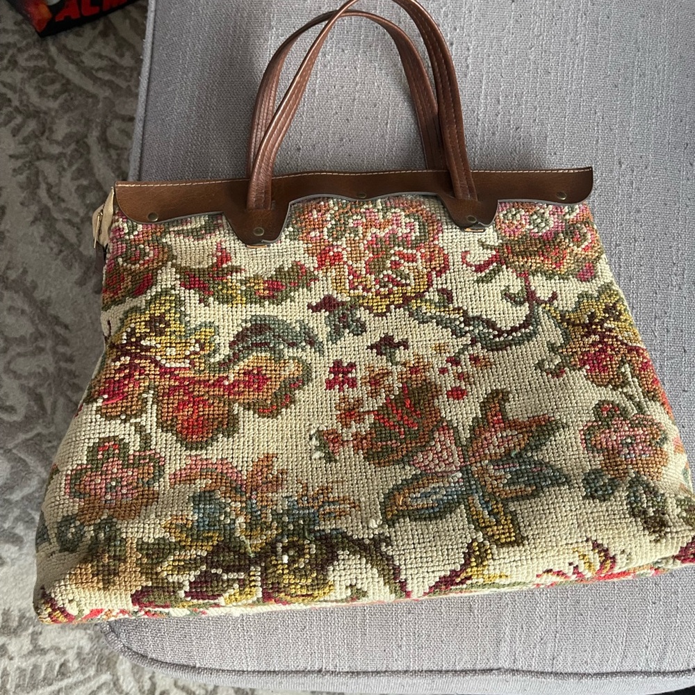 Vintage Needlepoint Floral Tapestry Tote Bag with Brown Handles